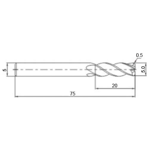 Фото 2: 5.0х5х20х75 4F AlTiSiN R=0.5 фреза радиусная 68HRC H-4R Qtool