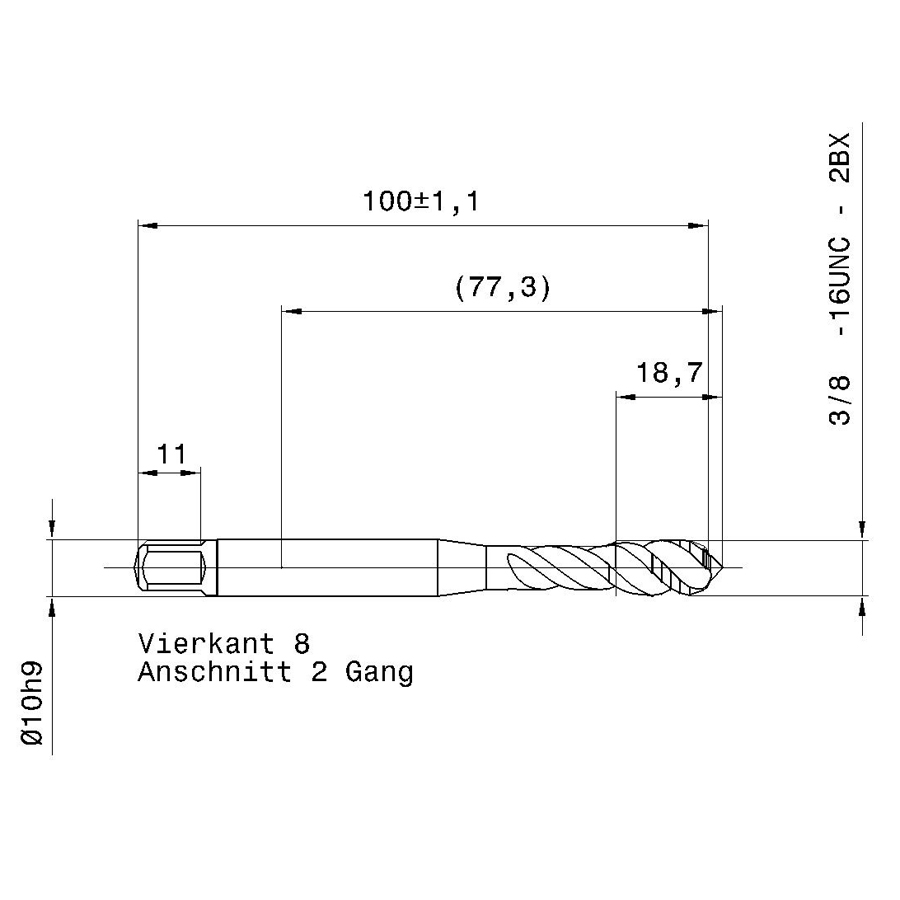 391 9.525 3/8 - 16 схема метчика дюймового UNС с размерами