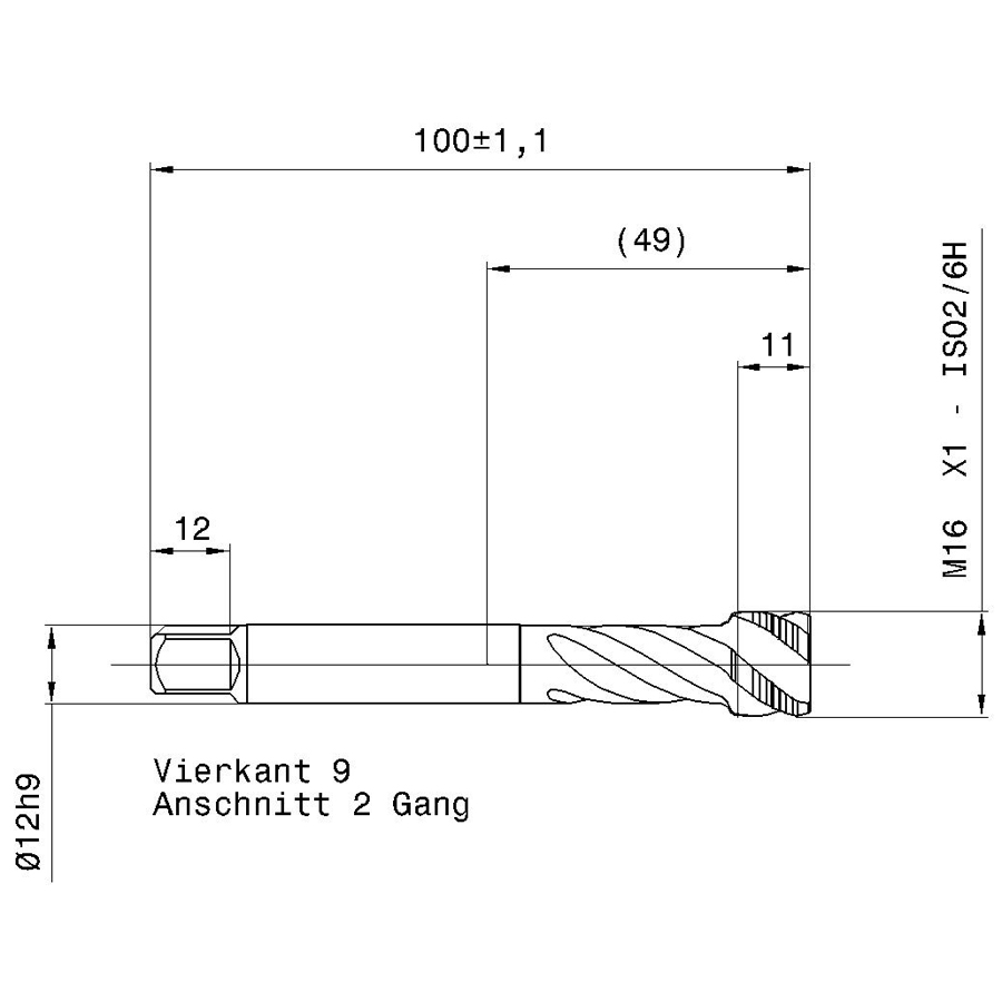 5724 16.005 M16 x 1 схема метчика машинного m с размерами