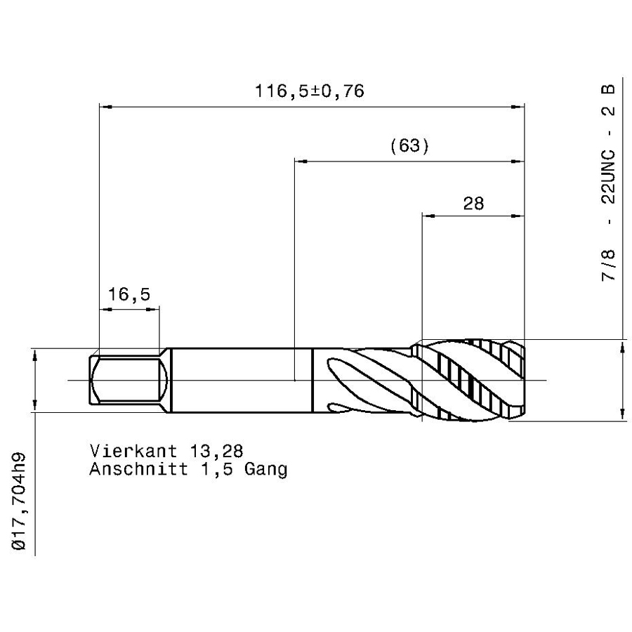 3977 22.225 7/8 - 9 схема метчика дюймового UNС с размерами