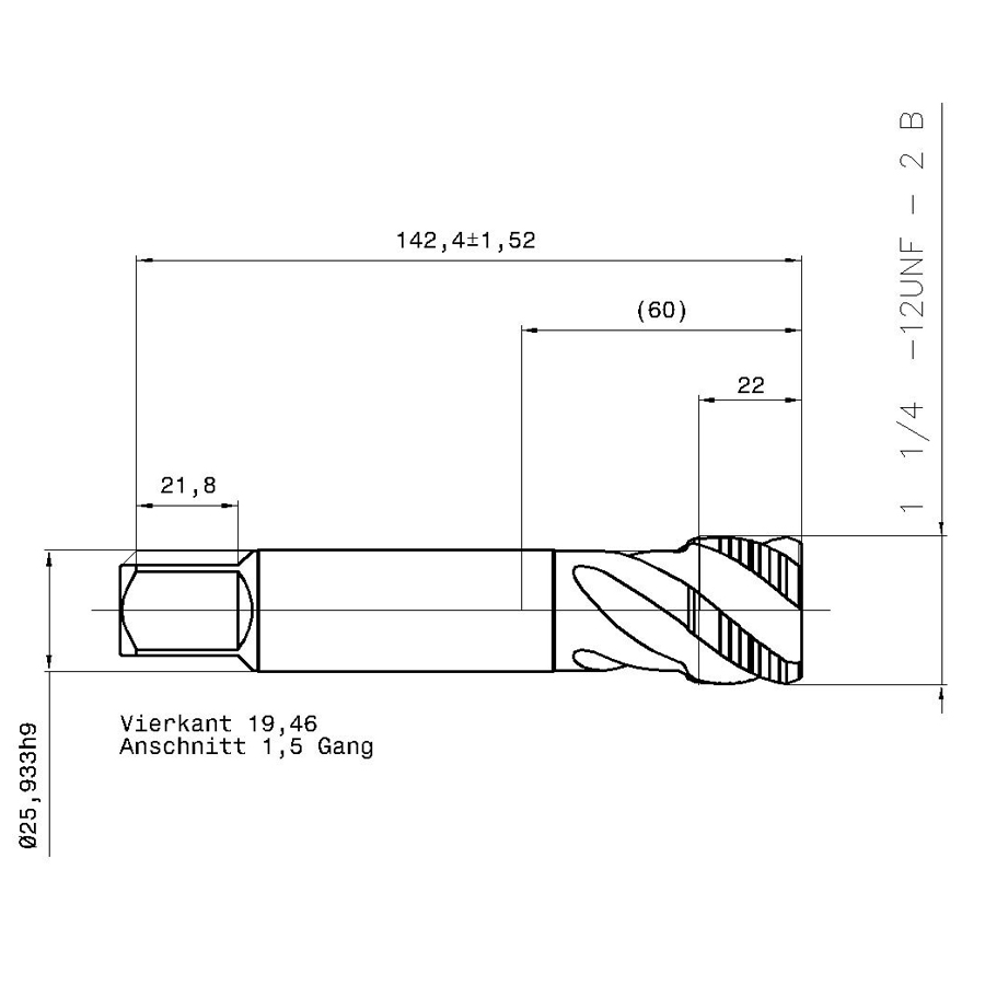 3978 31.750 1 1/4 - 12 схема метчика дюймового UNF с размерами