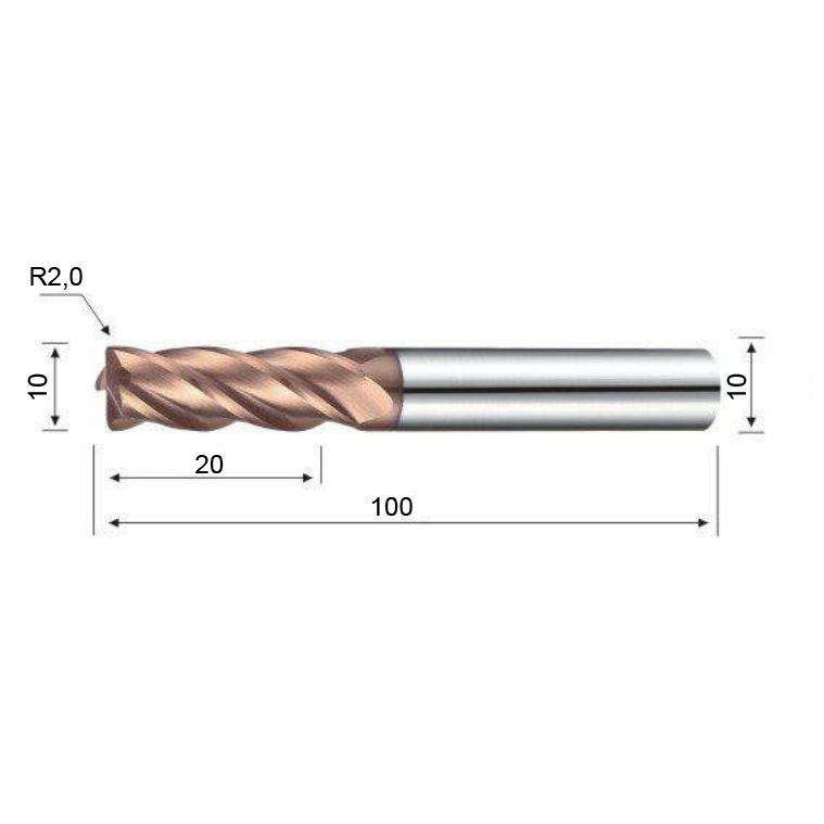 Фото 2: 10х10х20х100 R 2,0 ц/х 4F nACo фреза радиусная Deskar