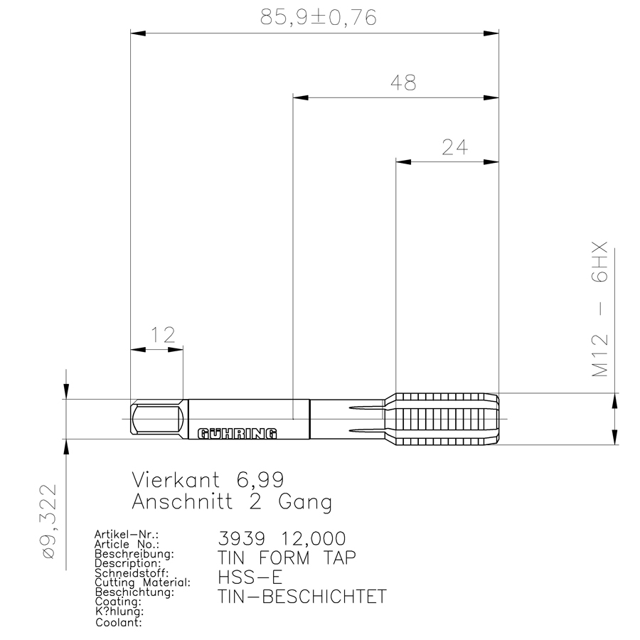 схема машинного метчика m12x1,75, hss-e, tin