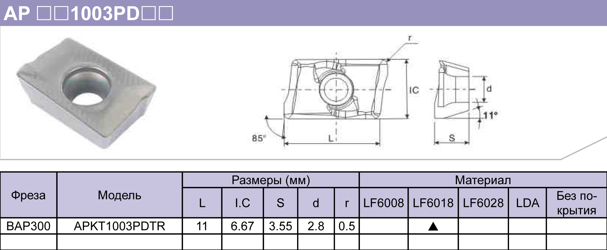 Фото 2: APKT1003PDTR LF6018 пластина фрезерная DESKAR