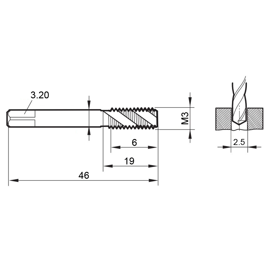 4432 3.000 m3х0,5 схема с размерами метчик машинный m