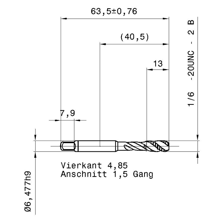 3977 6.350 1/4 - 20 схема метчика дюймового UNС с размерами