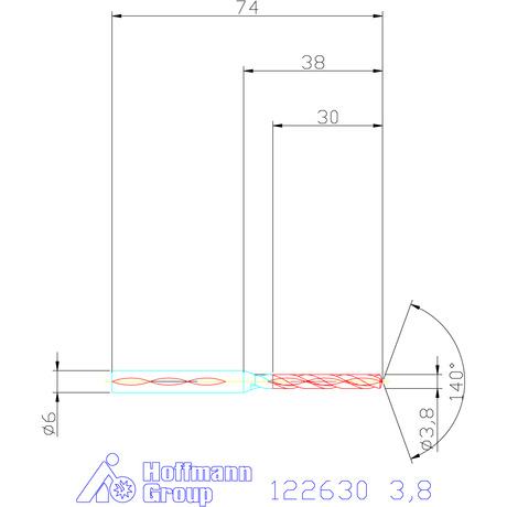 122630 3,8 схема твердосплавного сверла с размерами