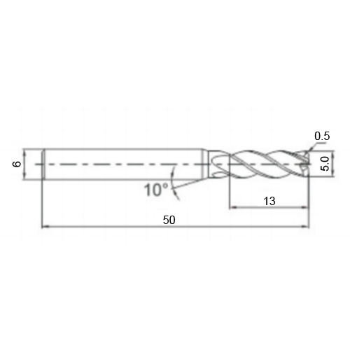 Фото 2: 5.0х6х13х50 4F AlTiSiN R=0.5 фреза радиусная 68HRC H-4R Qtool