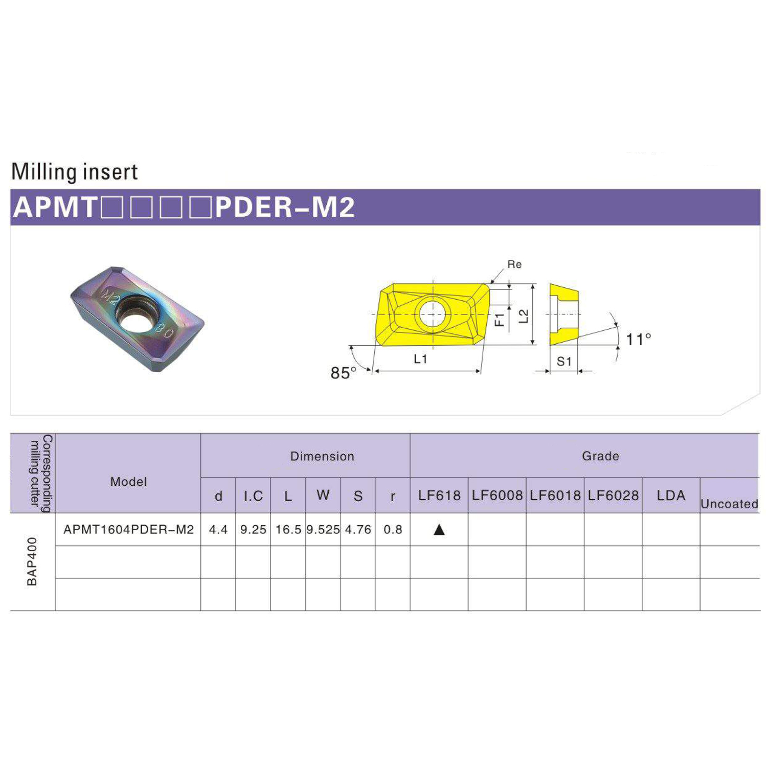 APMT 1604PDER M2 TF618 пластина фрезерная DESKAR - фотография 2 Фото 2: APMT 1604PDER M2 TF618 пластина фрезерная DESKAR