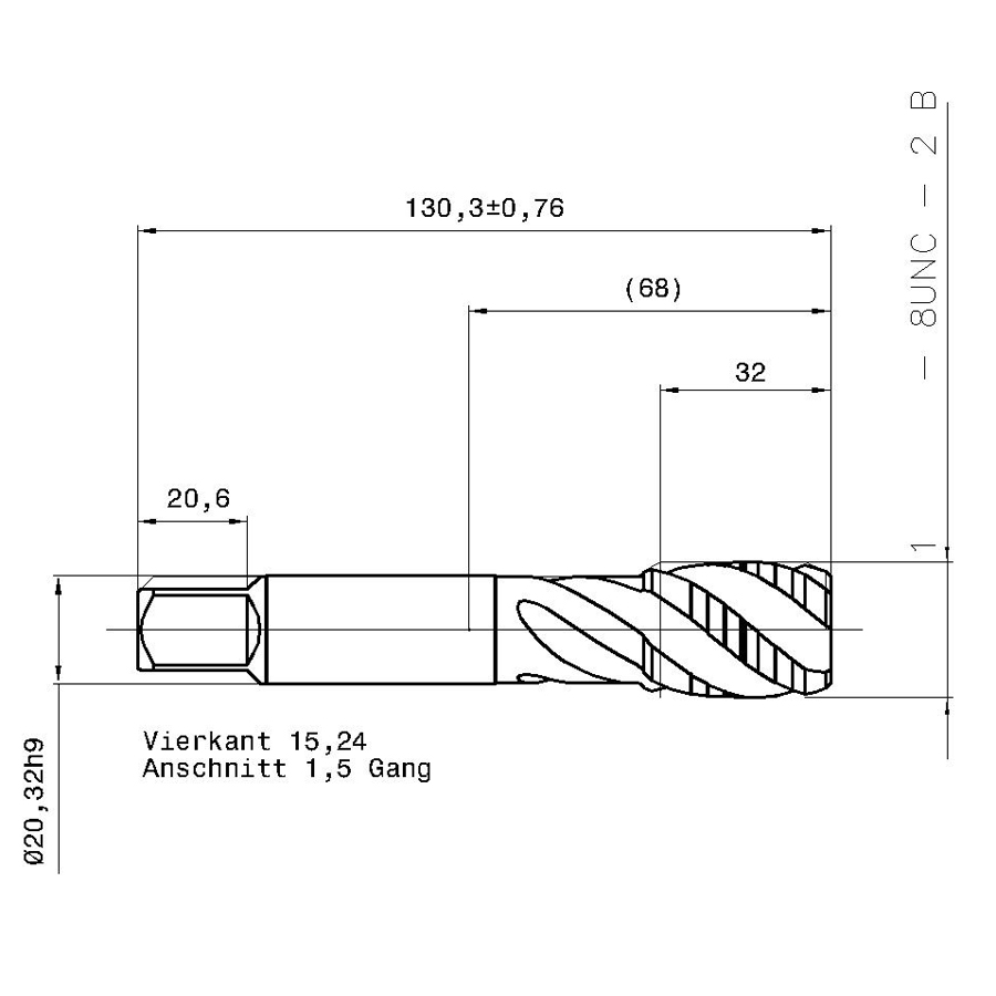 3977 25.400 1 - 8 схема метчика дюймового UNС с размерами