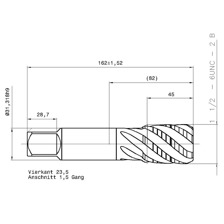 3977 38.100 1 1/2 - 6 схема метчика дюймового UNС с размерами