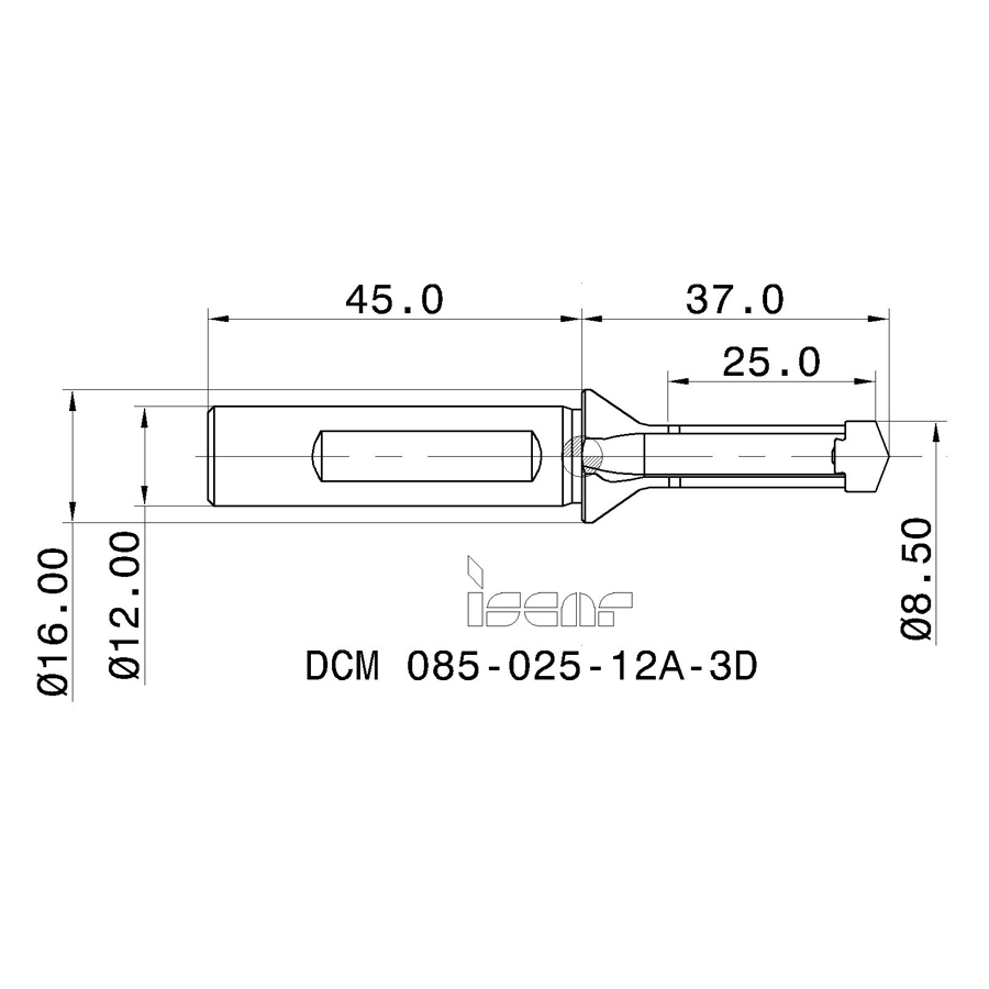 dcm 085-025-12a-3d схема корпуса сверла для пластин с размерами