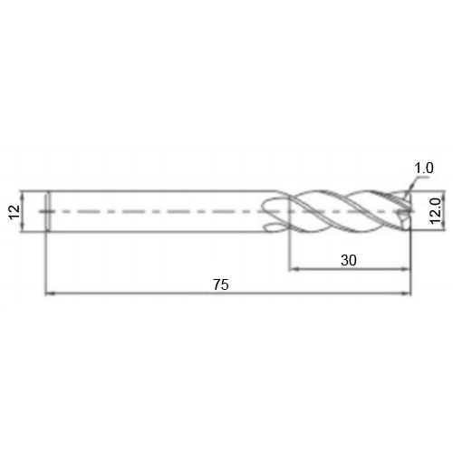 Фото 2: 12.0х12х30х75 4F AlTiSiN R=1.0 фреза радиусная 68HRC H-4R Qtool