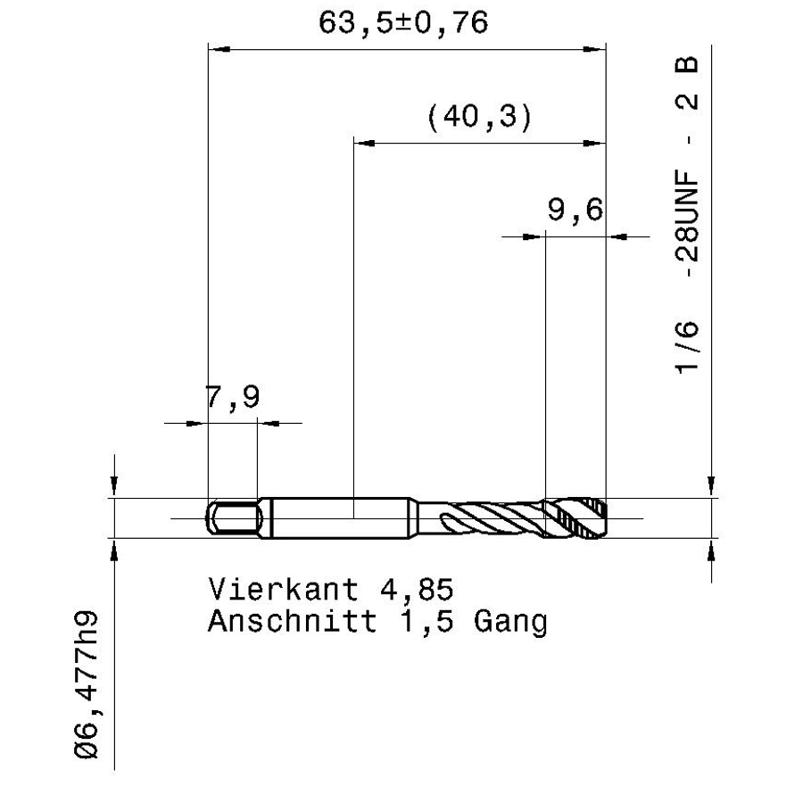 3978 6.350 1/4 - 28 схема метчика дюймового UNF с размерами