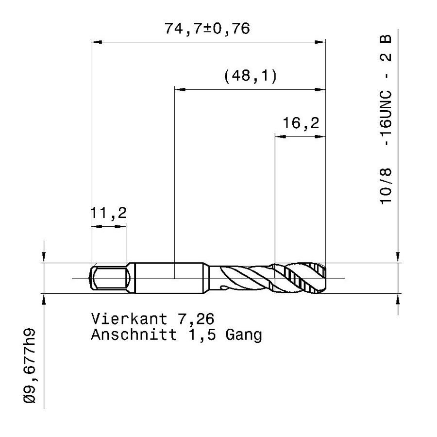 3977 9.525 3/8 - 16 схема метчика дюймового UNС с размерами