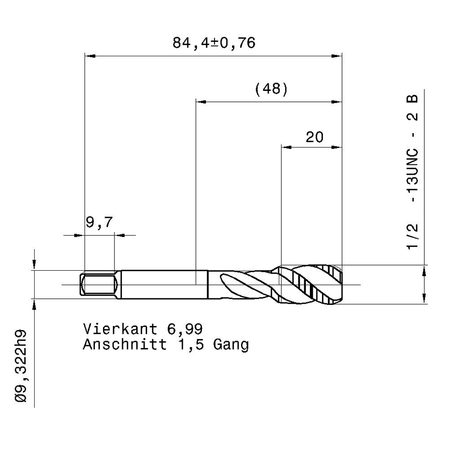 3977 12.700 1/2 - 13 схема метчика дюймового UNС с размерами