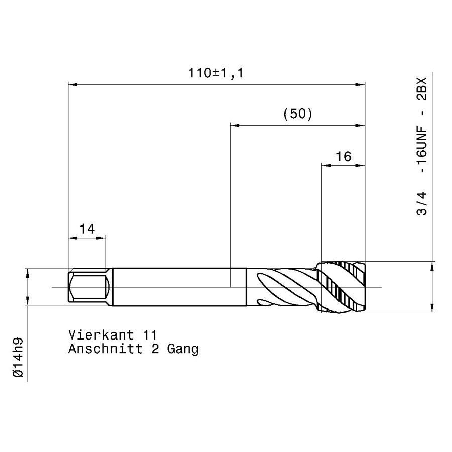 392 19.050 3/4 - 16 схема метчика дюймового UNF с размерами