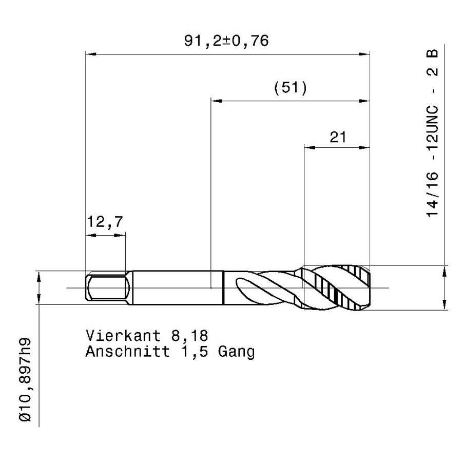 3977 14.288 9/16 - 12 схема метчика дюймового UNС с размерами