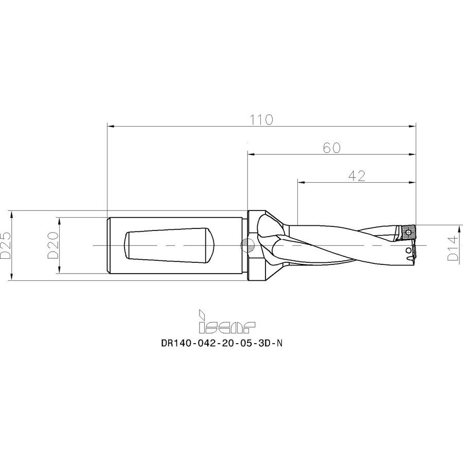 DR140-042-20-05-3D-N корпусное сверло под пластину - фотография 2 dr140-042-20-05-3d-n схема сверла со сменными пластинами с размерами