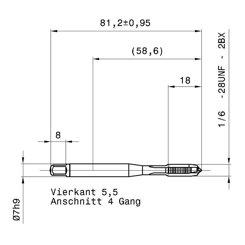 4643 6.350 1/4 - 28 схема метчика дюймового UNF с размерами