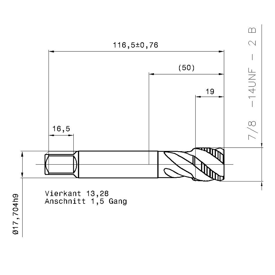 3978 22.225 7/8 - 14 схема метчика дюймового UNF с размерами
