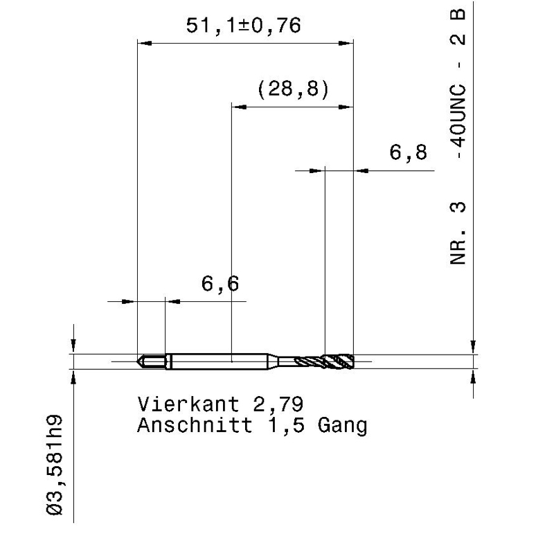 3977 3.175 5 - 40 схема метчика дюймового UNС с размерами