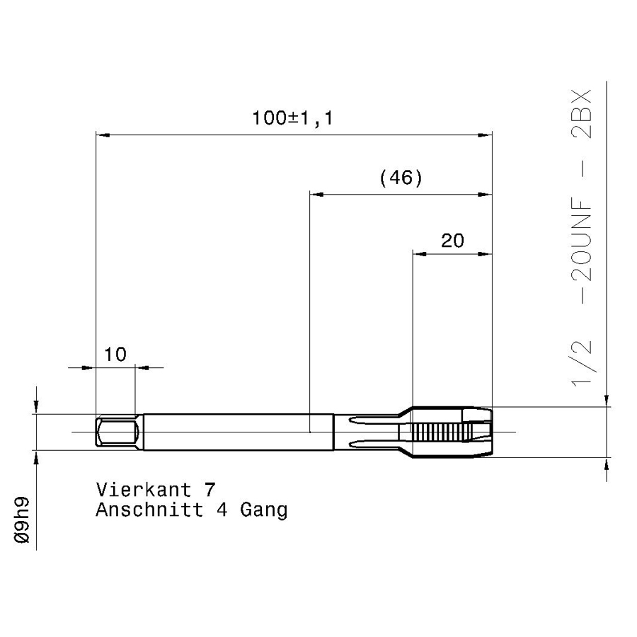 4643 12.700 1/2 - 20 схема метчика дюймового UNF с размерами