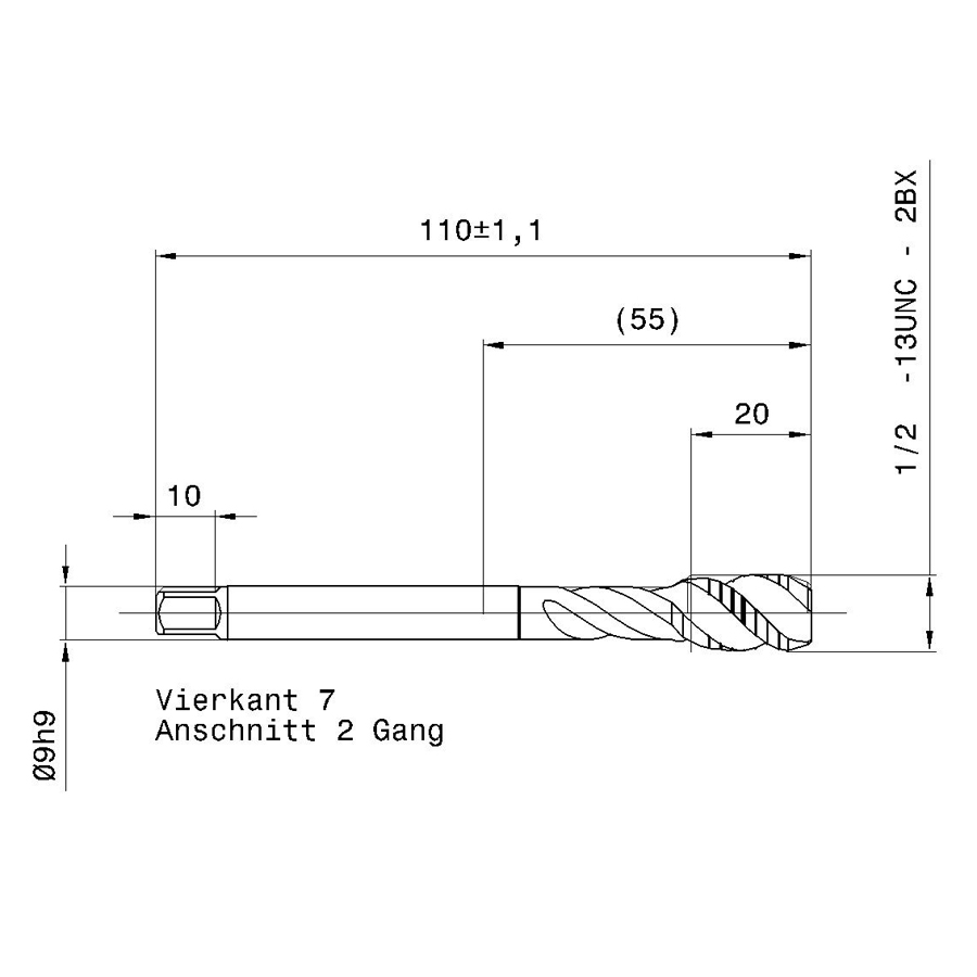 391 12.700 1/2 - 13 схема метчика дюймового UNС с размерами