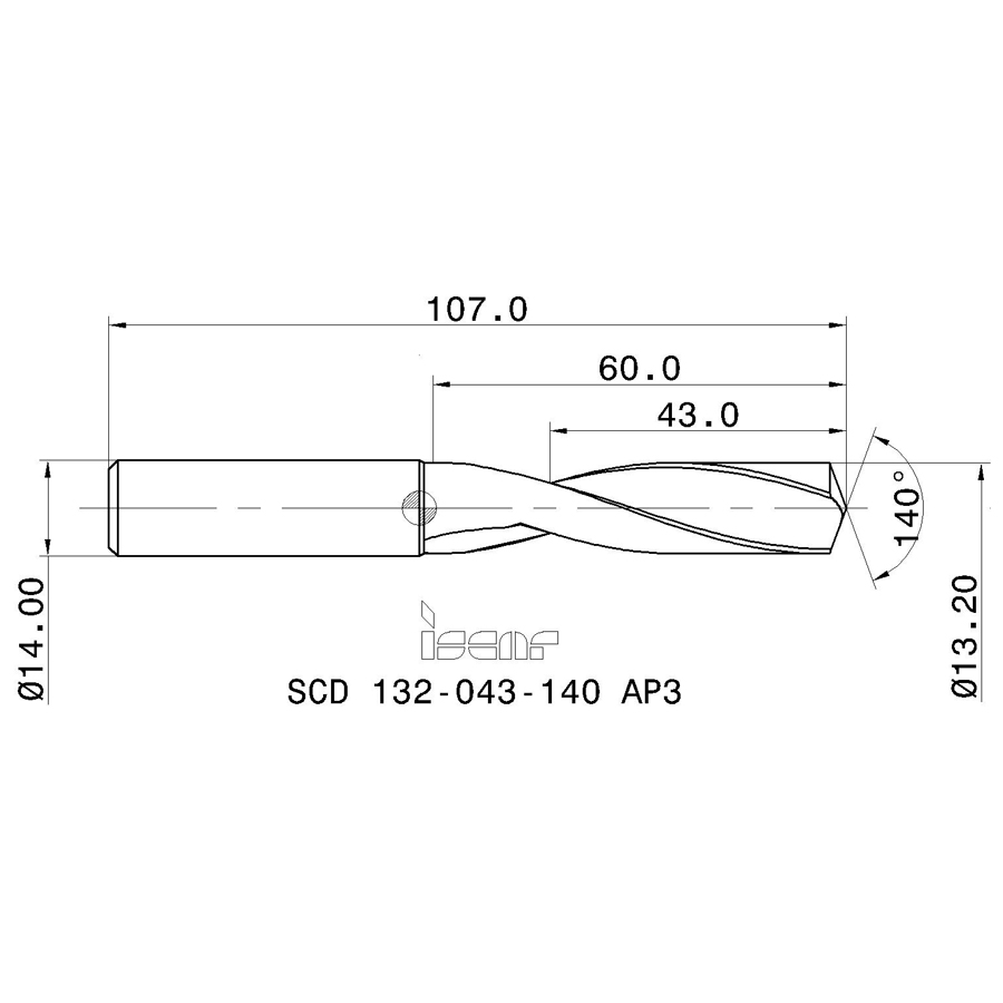 SCD 132-043-140 AP3 cверло твердосплавное - фотография 2 scd 132-043-140 ap3 схема твердосплавного сверла с размерами